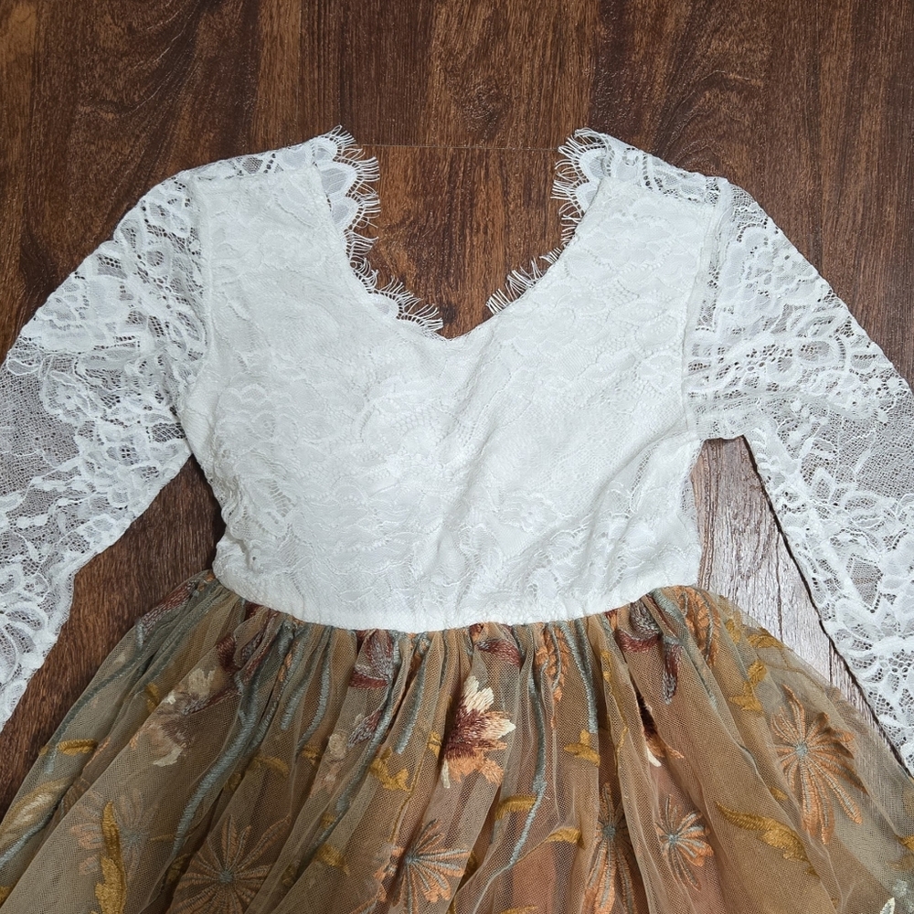 Rustic Burnt Orange Embroidered Flower Girl Dress with Chantilly Lace - Picture 3 of 7